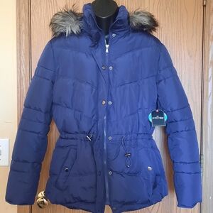 St.Johns Bay Womens Elegant Purple Puffer Jacket with Faux Fur Trim